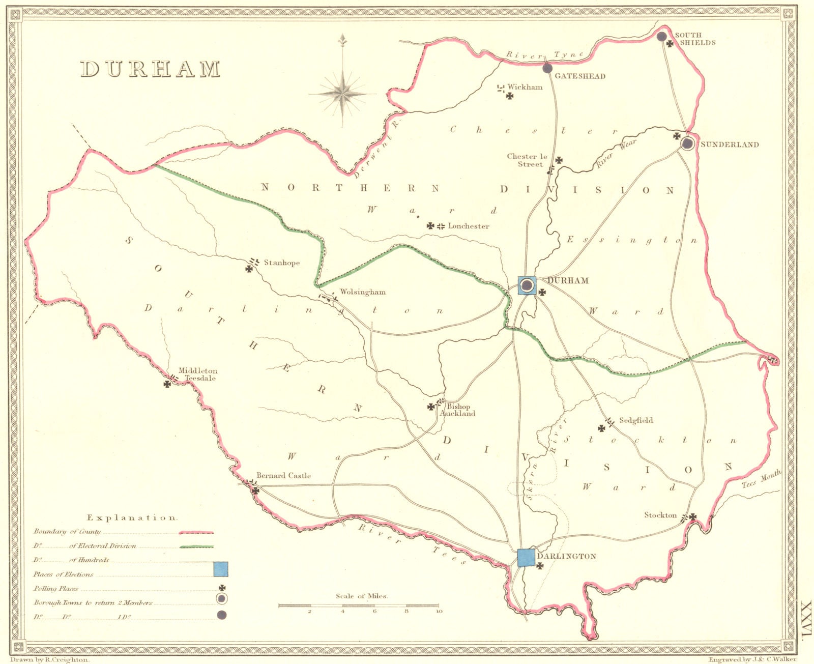 DURHAM. Creighton Walker 1835 old antique vintage map plan chart